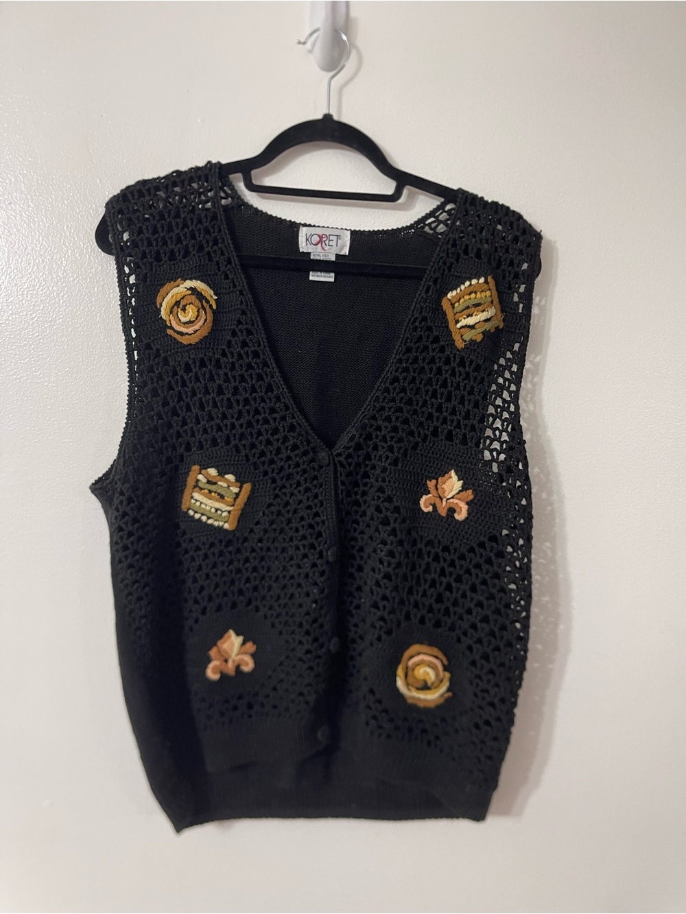 Koret Black Crochet Vest with Gold & Tan Appliqués